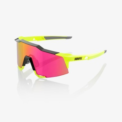 Óculos desportivos amarelos fluorescentes com lentes espelhadas cor de rosa