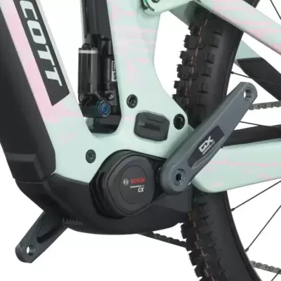 Bicicleta elétrica verde claro com motor Bosch Performance Line CX e pedivelas GX Shimano