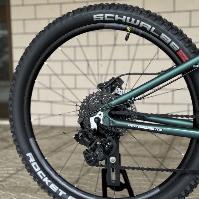 Roda traseira de bicicleta com pneu SCHWALBE Rocket Ron e quadro metálico verde escuro