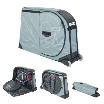 Mala de transporte para bicicleta EVOC cinzenta com detalhes em preto.