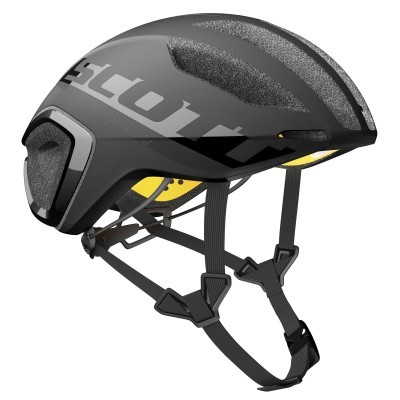 Capacete de bicicleta preto com tiras ajustáveis e texto 'Scott' na lateral