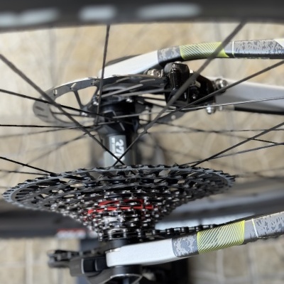 Roda traseira de bicicleta técnica com cassete, corrente e travão de disco.