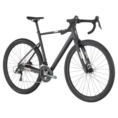 Bicicleta de estrada preta com guiador curvo e pneus pretos texturizados.