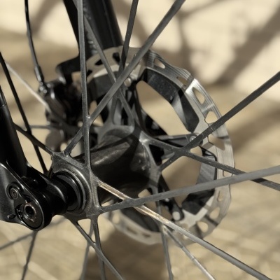 Roda e disco de travão metálico de bicicleta com raios cinza escuro