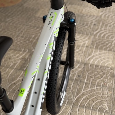 Bicicleta de montanha cinza claro com detalhes verdes e pretos e pneus pretos