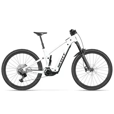 Bicicleta de montanha eléctrica branca com rodas grossas e suspensão