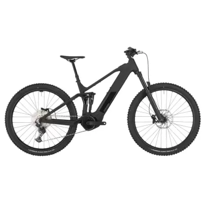 Bicicleta elétrica de montanha preta com suspensão e pneus largos