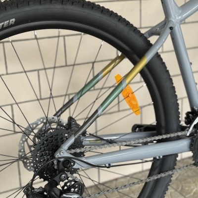 Roda traseira de bicicleta com quadro cinza e detalhes coloridos