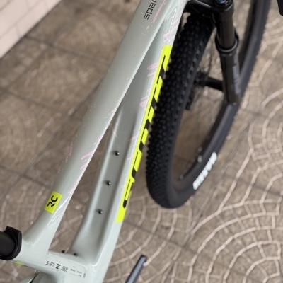 Quadro de bicicleta de montanha cinza claro com detalhes amarelos e rosa, pneus pretos e suspensão frontal