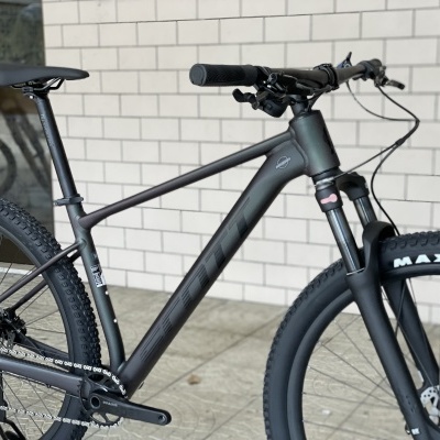 Bicicleta de montanha cinzenta fosca com pneus Maxxis junto a parede