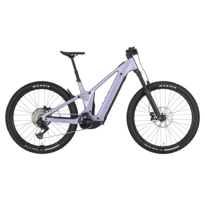 Bicicleta elétrica de montanha lilás com pneus Maxxis
