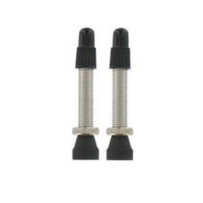 Par de válvulas de metal prateado com tampa e base de borracha preta