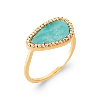 Anel dourado com pedra azul-turquesa e cristais