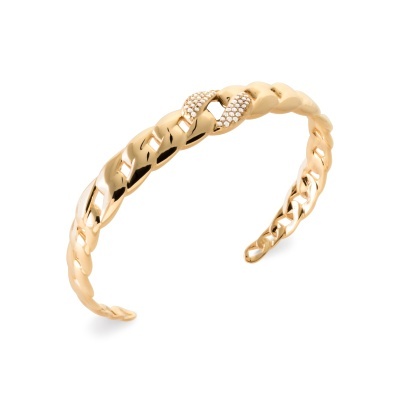 Pulseira aberta estilo corrente dourada com pedras brancas