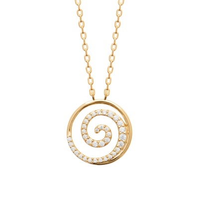Colar dourado com pendente espiralado e pedras brilhantes