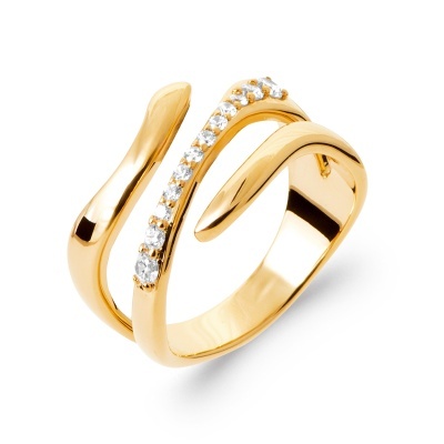 Anel dourado com pedras transparentes e design espiral