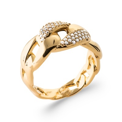 Anel dourado com elos entrelaçados e pedras brilhantes