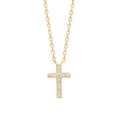Colar dourado com pendente em forma de cruz com brilhantes
