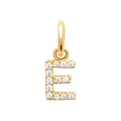 Pendente letra E em metal dourado com pedras brancas