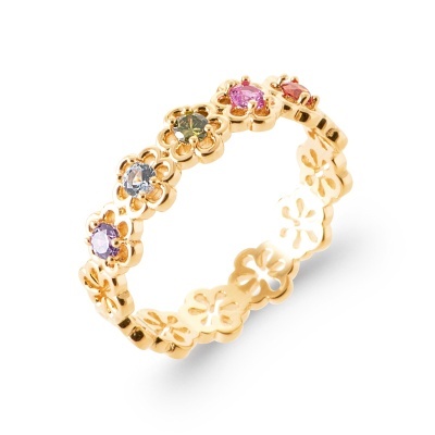 Anel dourado com flores e pedras coloridas
