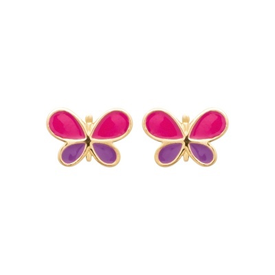 Brincos de borboleta dourados com asas rosa e roxas
