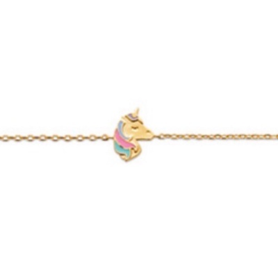 Pulseira dourada com pendente de unicórnio colorido