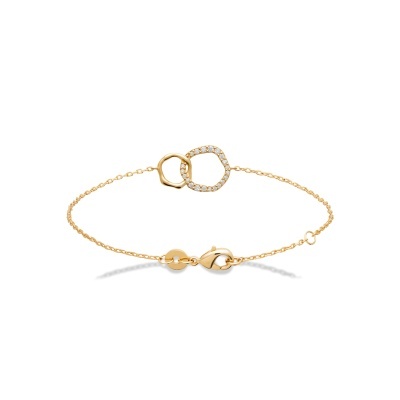 Pulseira fina de ouro amarelo com elementos geométricos e cristais em fundo branco