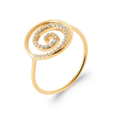 Anel dourado em espiral com pedras brilhantes