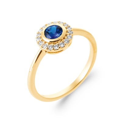 Anel dourado com pedra azul e diamantes pequenos