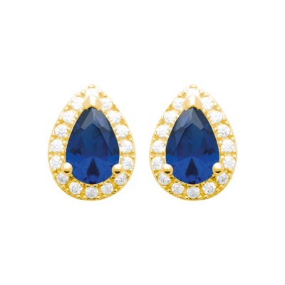 Brincos em gota com pedra azul e pedras brancas em metal dourado