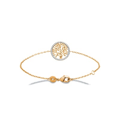 Pulseira dourada com pendente redondo de árvore e brilhantes