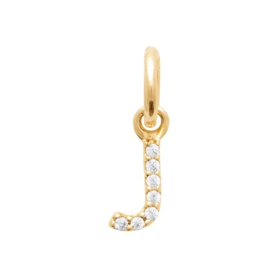 Pendente dourado em forma da letra J com pedras brilhantes
