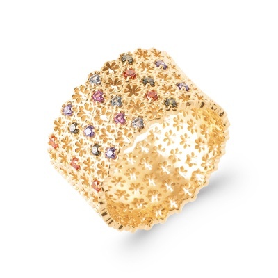 Anel largo dourado com flores e pedras coloridas