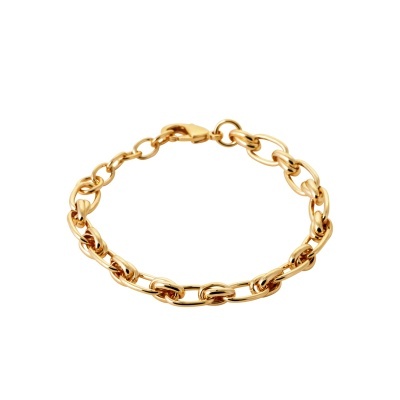Pulseira dourada em aço inoxidável com elos variados e fecho mosquetão