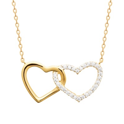 Colar dourado com dois corações entrelaçados e pedras brilhantes