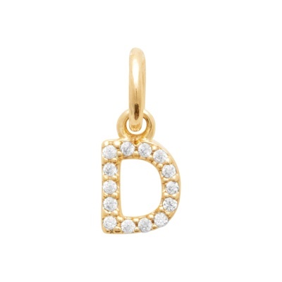 Pingente dourado em forma de letra D com pedras brilhantes