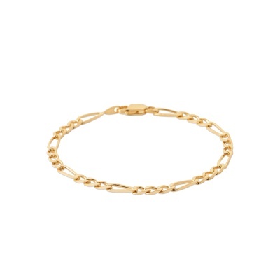 Pulseira dourada com elos ovais e arredondados, fecho de pressão em fundo branco