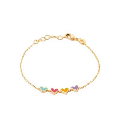 Pulseira dourada com corações coloridos em fundo branco