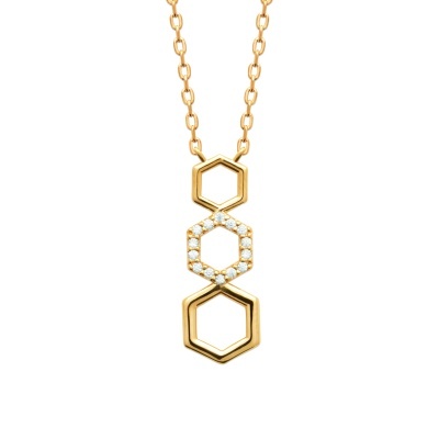 Colar dourado com três pendentes hexagonais e pedras