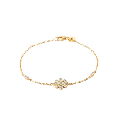 Pulseira dourada fina com decoração floral e pedras pequenas