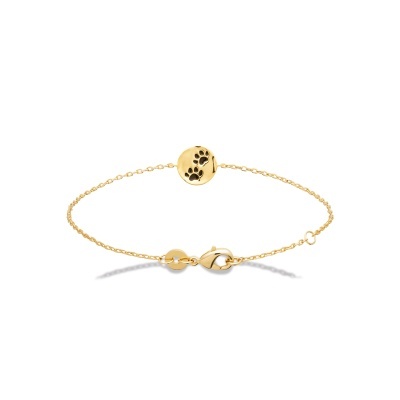 Pulseira fina de corrente dourada com pendente redondo e pegadas