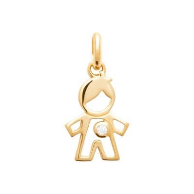 Pendente dourado em forma de boneco com brilhante no centro