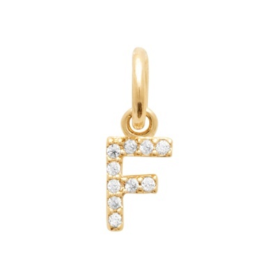 Pendente dourado em forma da letra F com cristais transparentes