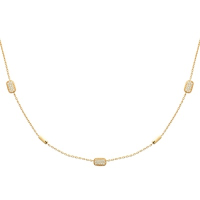 Colar dourado com pedras brilhantes em molduras retangulares.