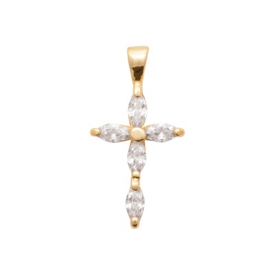 Pendente de cruz dourado com pedras facetadas em fundo branco
