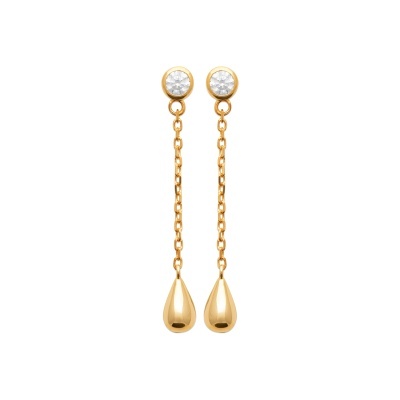 Brincos pendentes dourados com gota e cristal redondo