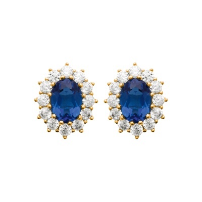 Brincos com pedra azul oval e diamantes em ouro.