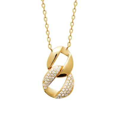 Colar dourado com pendente em forma de nó com pedras brilhantes