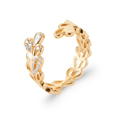 Anel dourado aberto com pedras brilhantes e design de folhas.