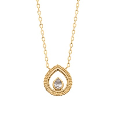 Colar dourado com pedra branca em forma de lágrima